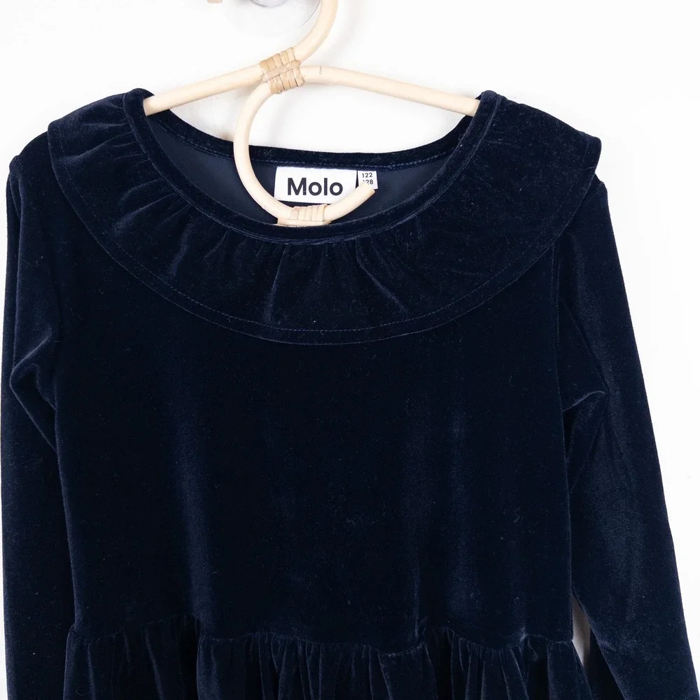 Molo Cyanne‎ Dress Kids 7-8 Navy Blue Velour Ruffle Collar Long Sleeve